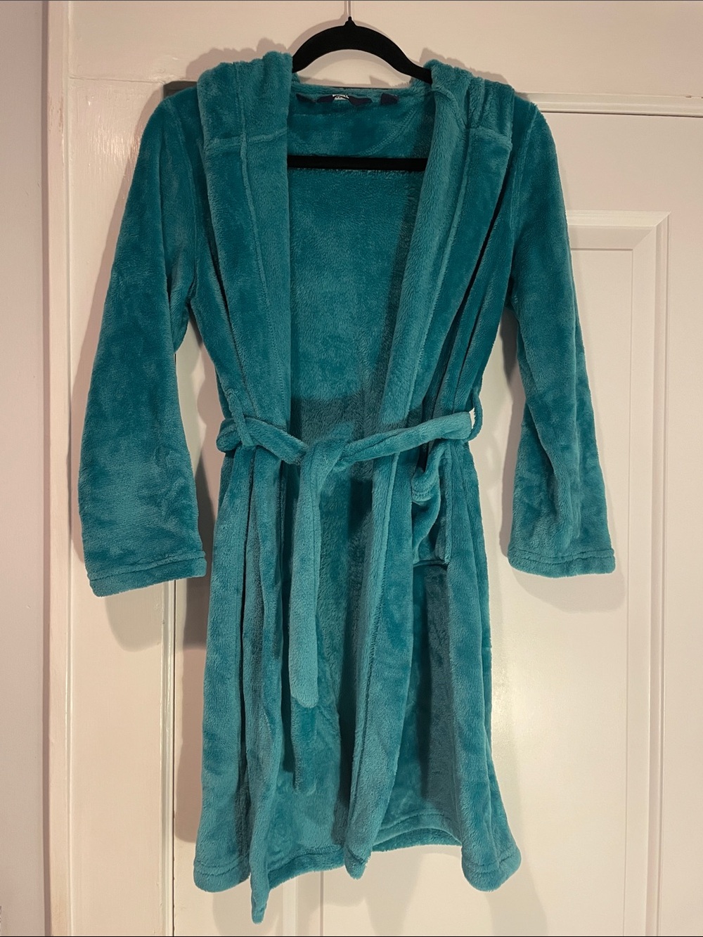 Lands' End Plush Hooded Kids Robe in Teal Blue